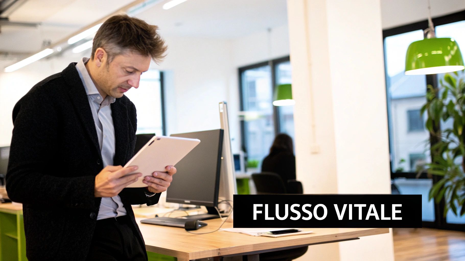 Uomo in un ambiente d'ufficio moderno che consulta un tablet, con scrivanie e illuminazione verde sullo sfondo.
