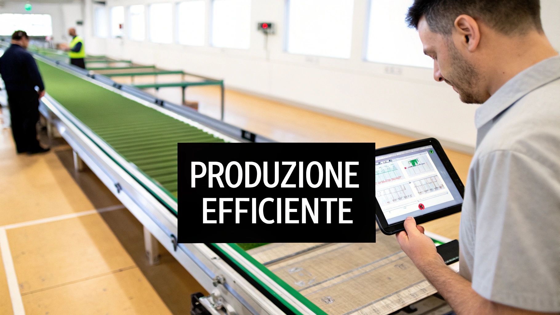 Operaio controlla produzione efficiente su tablet in fabbrica con nastro trasportatore.