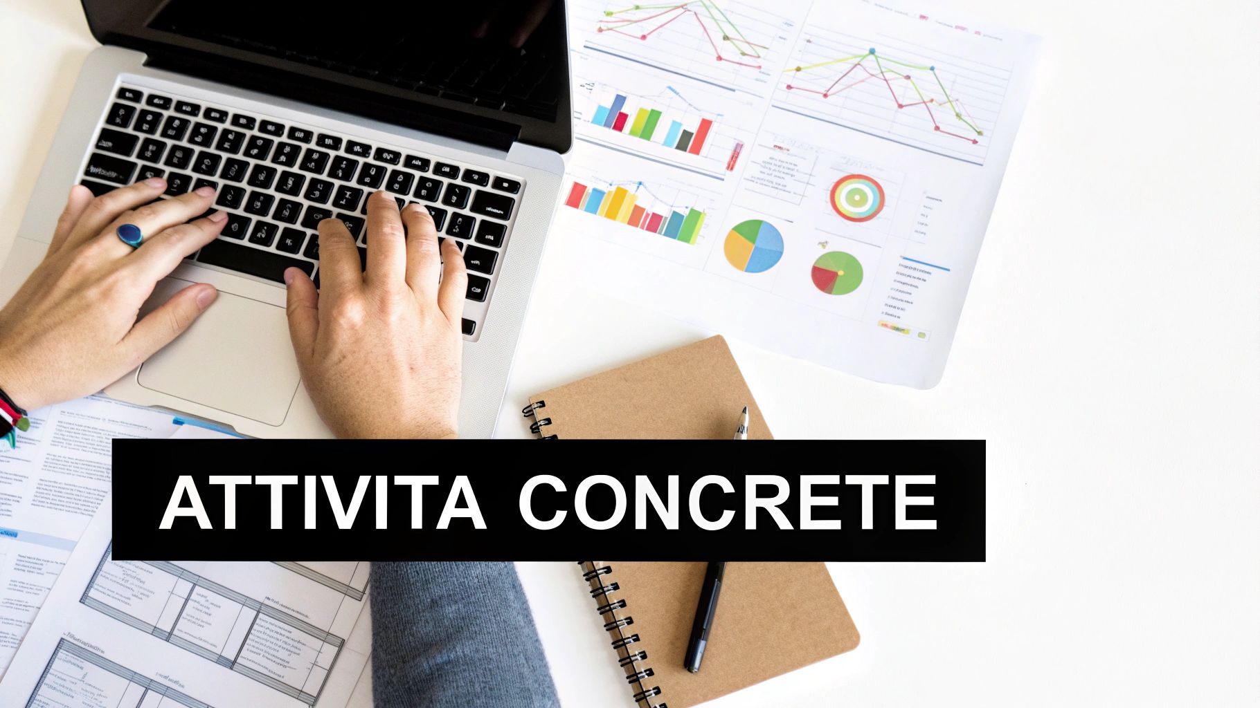 Persona che digita su un laptop con documenti aziendali e grafici su una scrivania bianca, con la scritta "ATTIVITA CONCRETE" in evidenza.