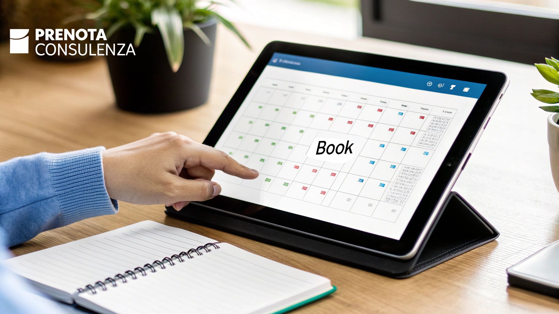 Mano che tocca un tablet con calendario digitale per prenotare consulenza aziendale online