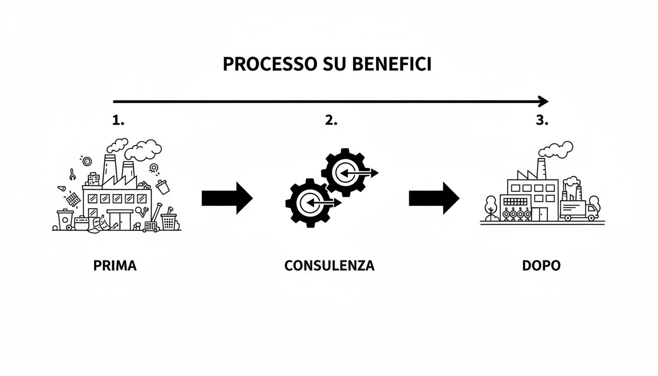 Descrizione del processo di miglioramento aziendale tramite consulenza, mostrando uno scenario prima e dopo l'intervento.