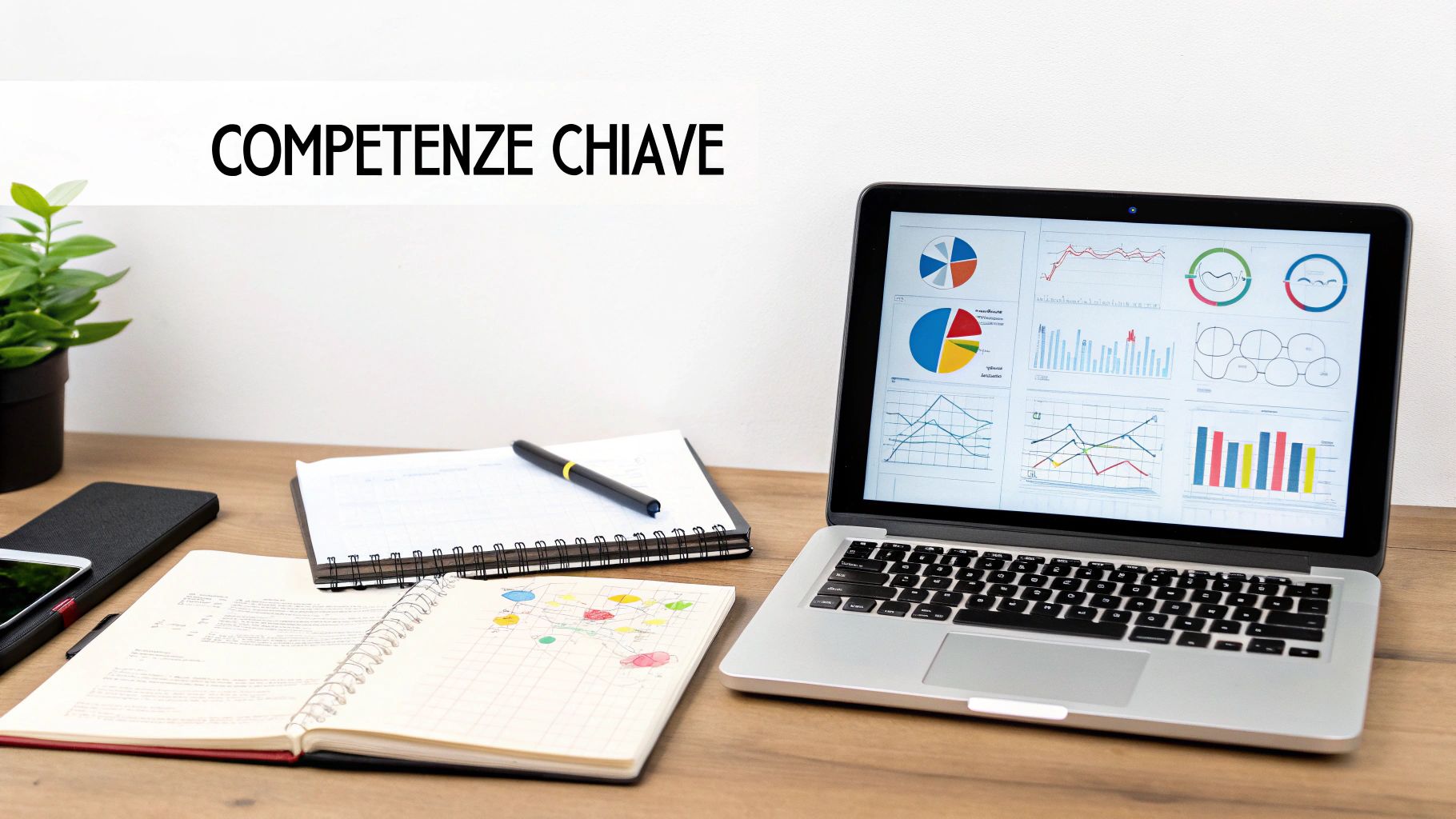 Scrivania con laptop che mostra grafici di dati, quaderni e la frase 'COMPETENZE CHIAVE'.