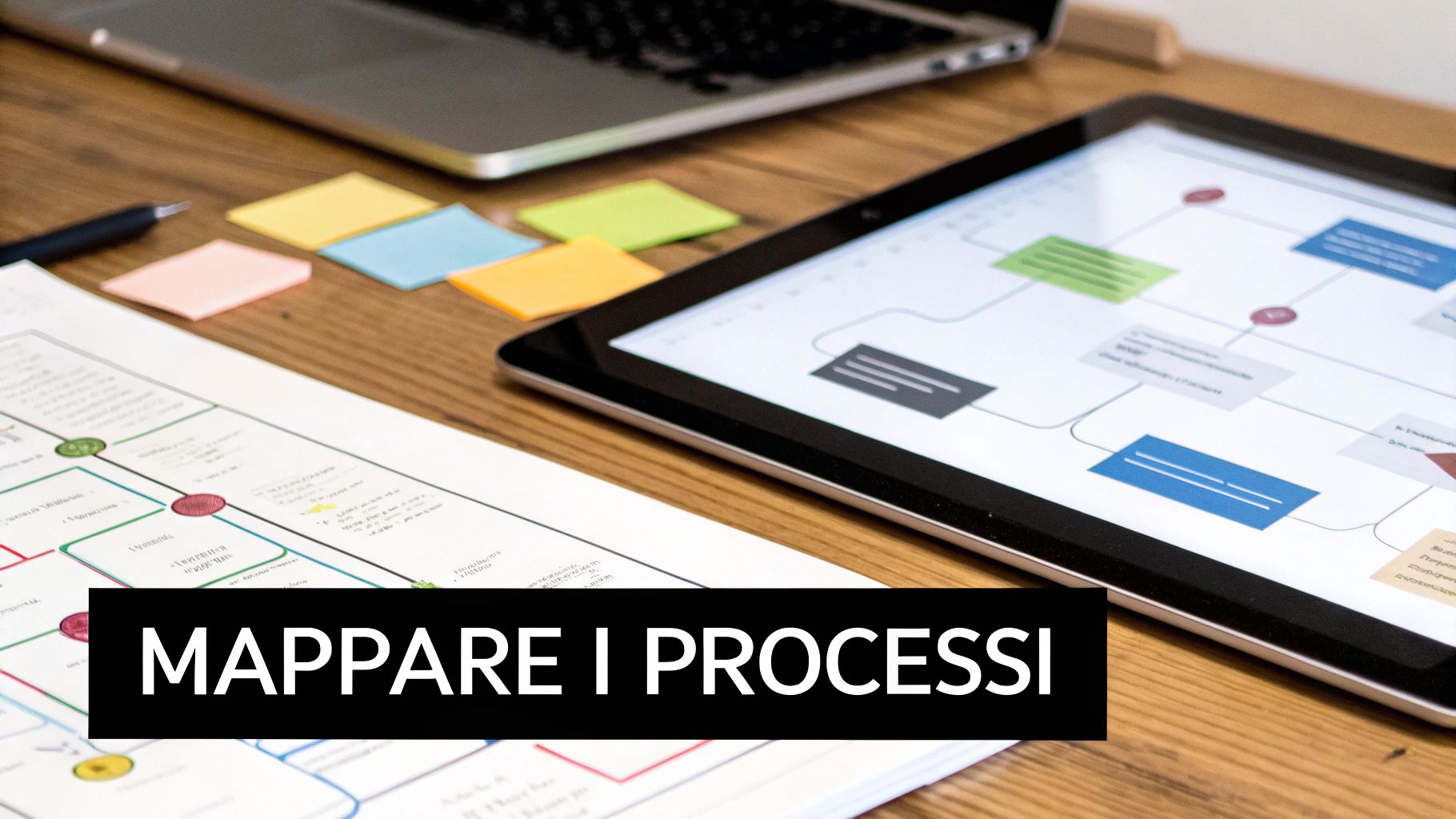 Una lavagna con post-it colorati che rappresentano la mappatura di un processo aziendale.