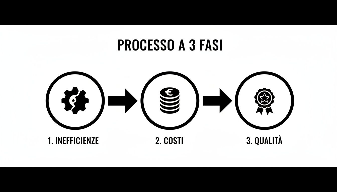 Diagramma di flusso che illustra un processo a 3 fasi per affrontare inefficienze, ridurre i costi e migliorare la qualità.
