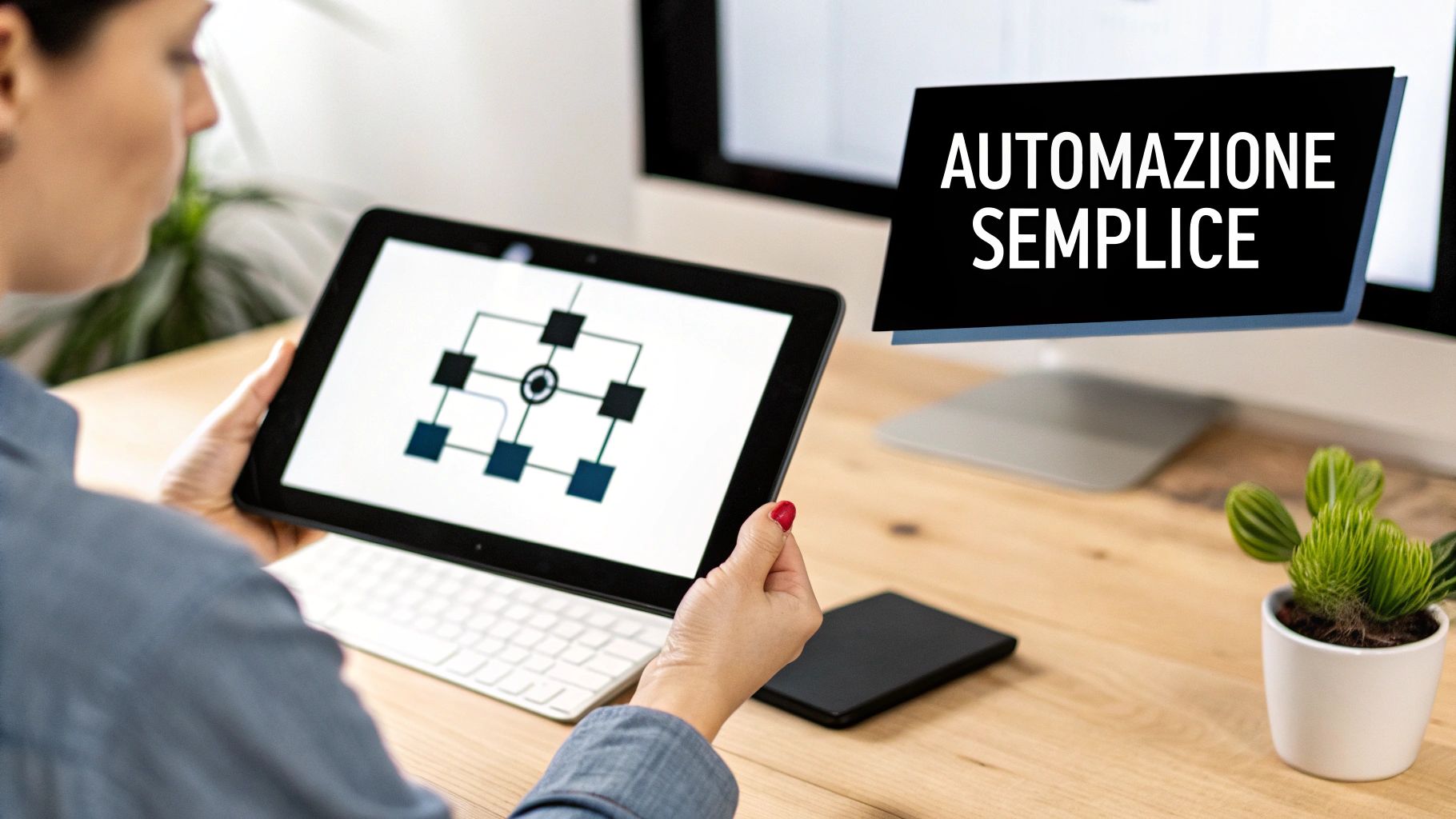 Una persona tiene un tablet con un diagramma di flusso, sullo sfondo c'è uno schermo con "AUTOMAZIONE SEMPLICE".
