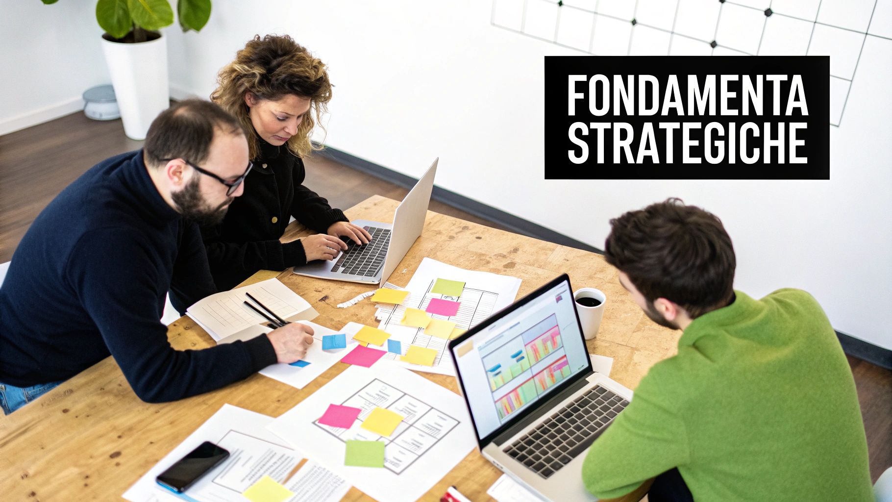 Tre professionisti collaborano attivamente a un tavolo, utilizzando laptop, documenti e post-it per la strategia.