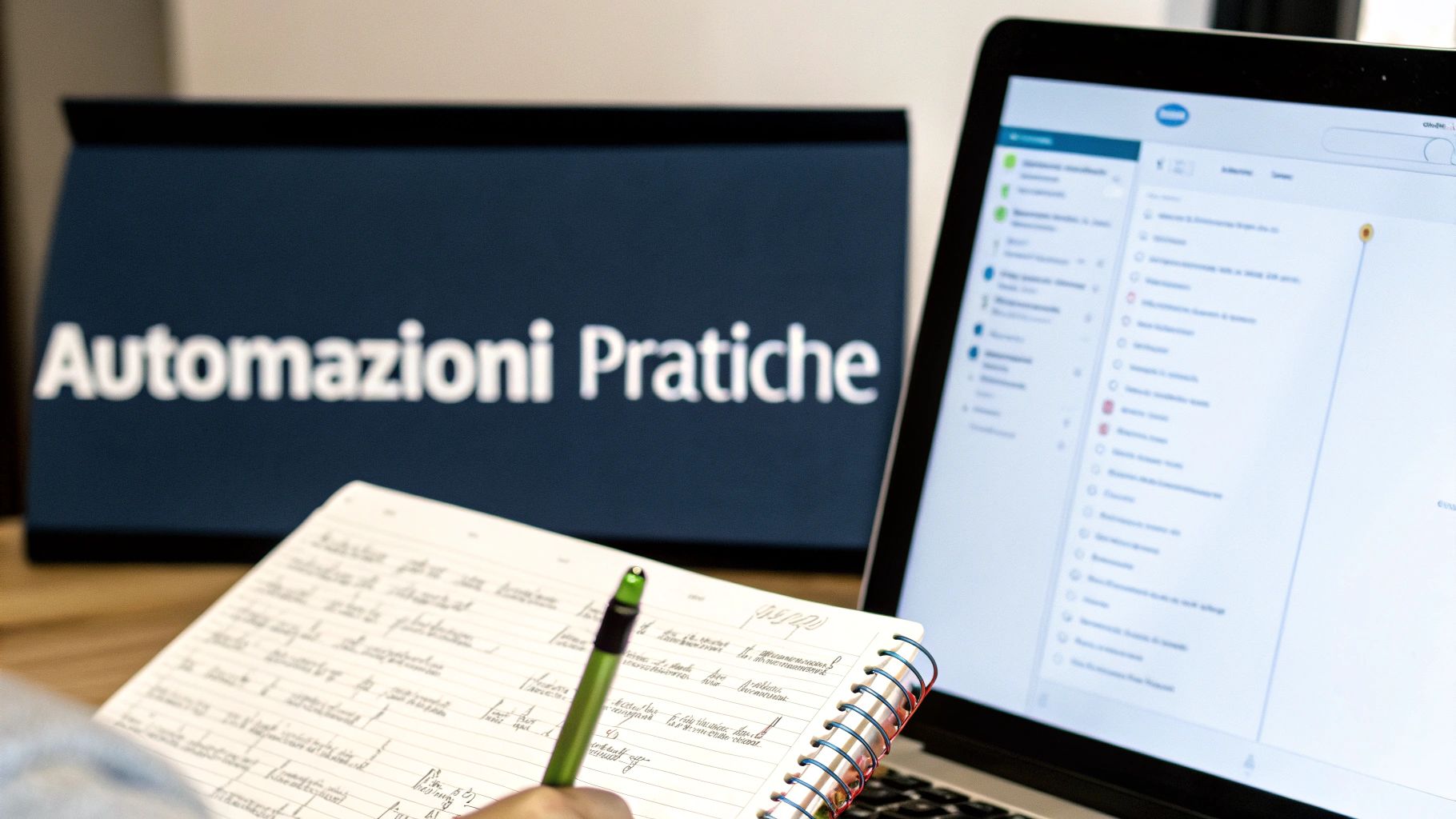 Una persona progetta un workflow di automazione su un computer, con icone che rappresentano trigger e azioni.
