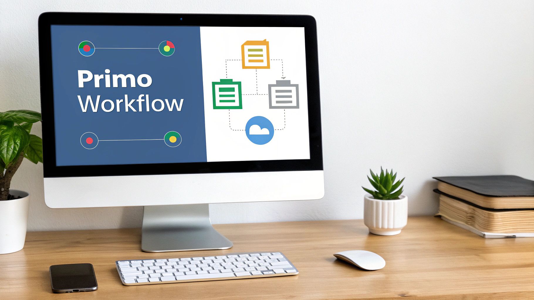 Un computer desktop su una scrivania di legno che mostra 'Primo Workflow' e un diagramma di flusso.