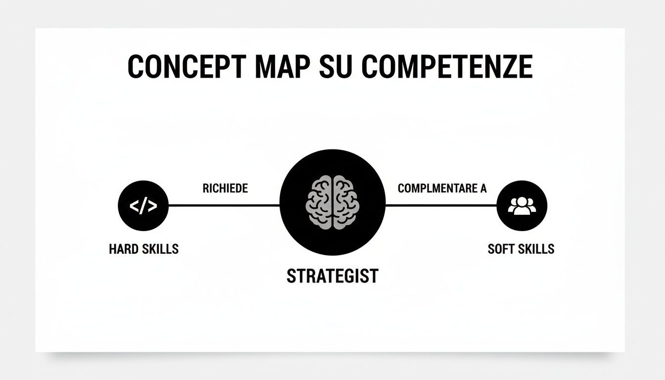 Mappa concettuale sulle competenze che collega hard skills e soft skills alla figura dello strategist.
