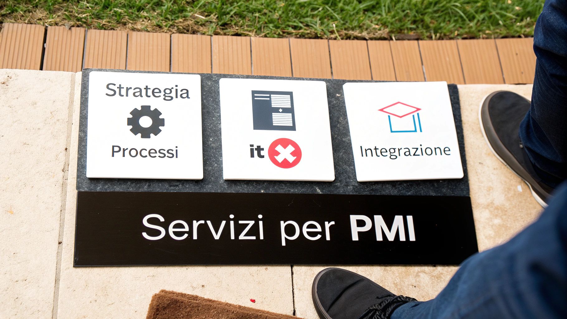 Display di servizi aziendali con pannelli bianchi: Strategia Processi, IT, Integrazione. Sotto, "Servizi per PMI".