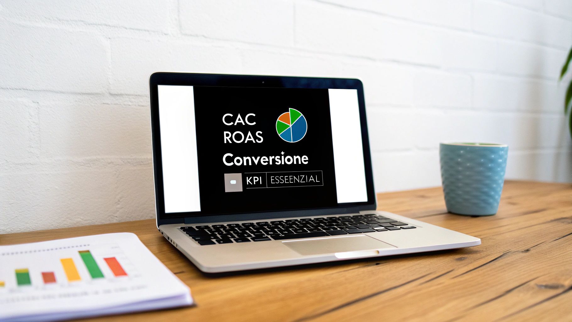 Laptop su scrivania in legno mostra metriche di marketing come CAC, ROAS, Conversione e KPI, con grafico e tazza.