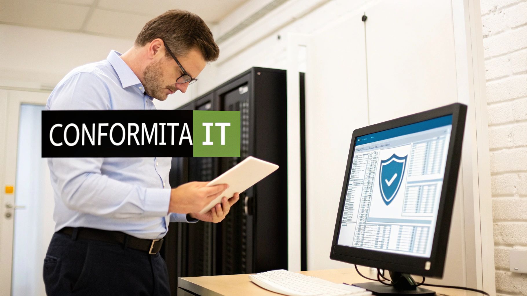 Un uomo in un data center esamina un tablet, con un monitor che mostra un'icona di sicurezza, indicando conformità IT.