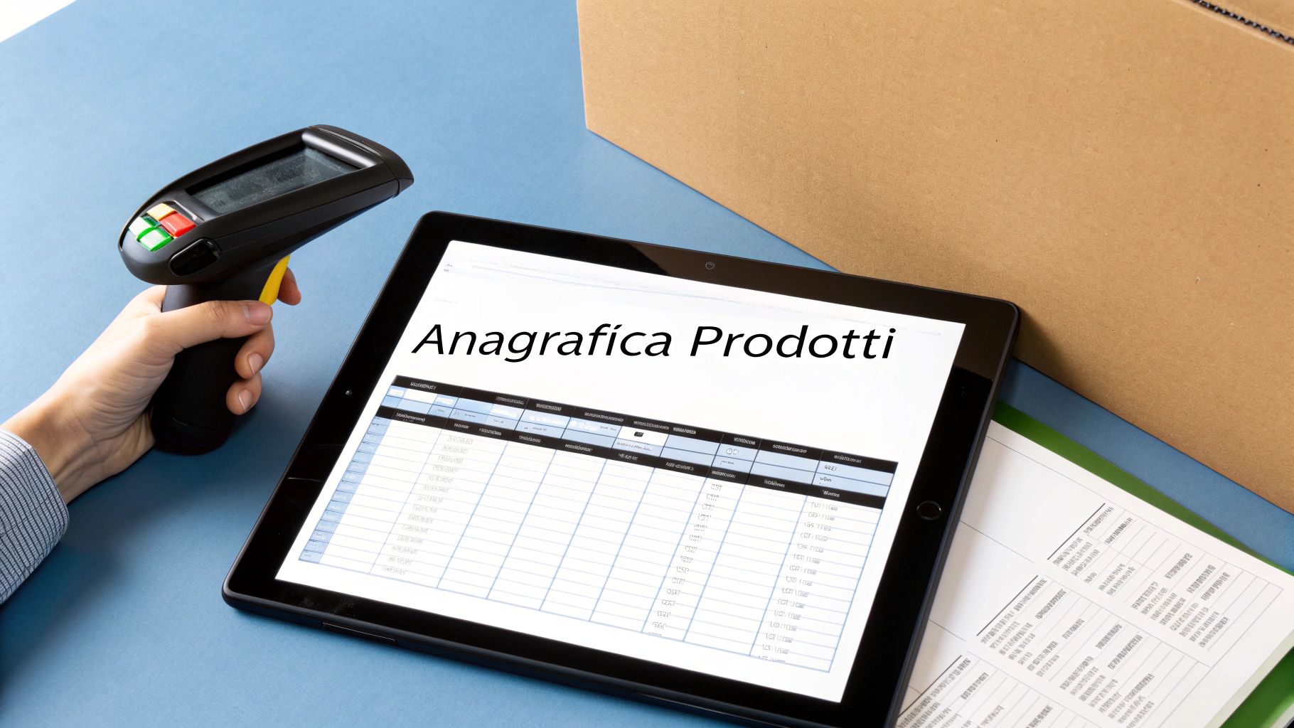 Due persone lavorano su un laptop e un tablet, pianificando la struttura di un database per la gestione del magazzino.