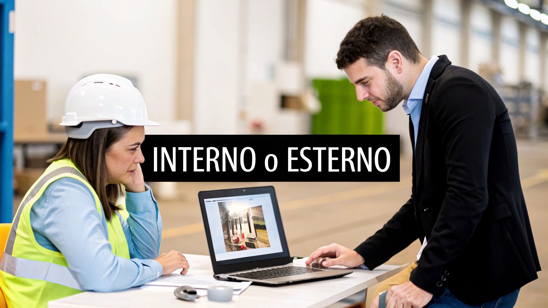 Due professionisti, un uomo e una donna con elmetto, discutono davanti a un laptop in un ambiente industriale, con la scritta 'INTERNO o ESTERNO'.