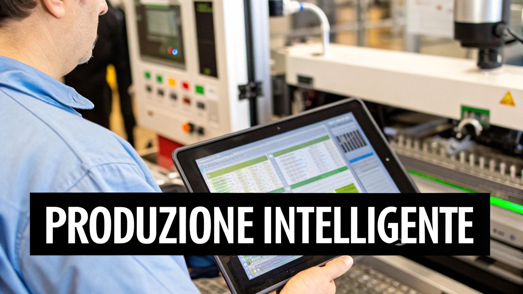 Un operaio in una fabbrica moderna visualizza dati di produzione intelligenti su un tablet, sullo sfondo macchinari industriali.