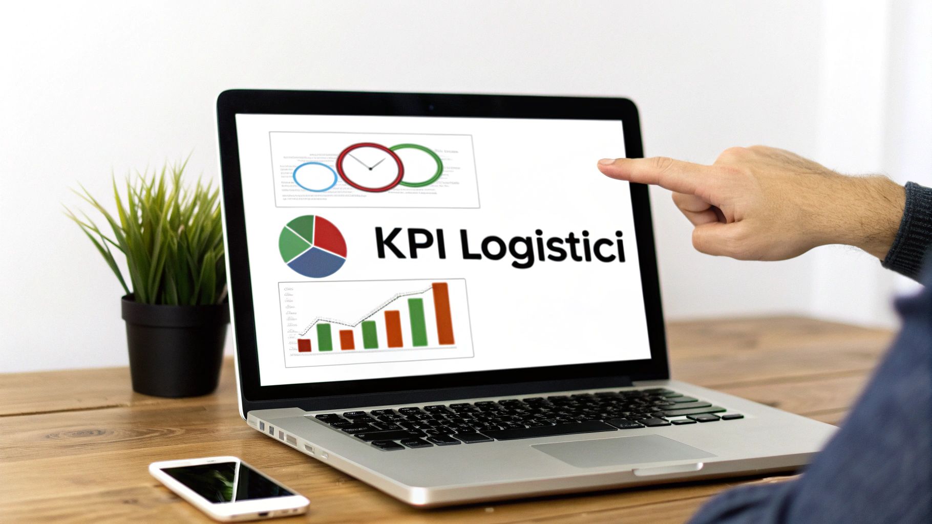Una mano indica un laptop aperto che mostra grafici di KPI Logistici su una scrivania in legno.