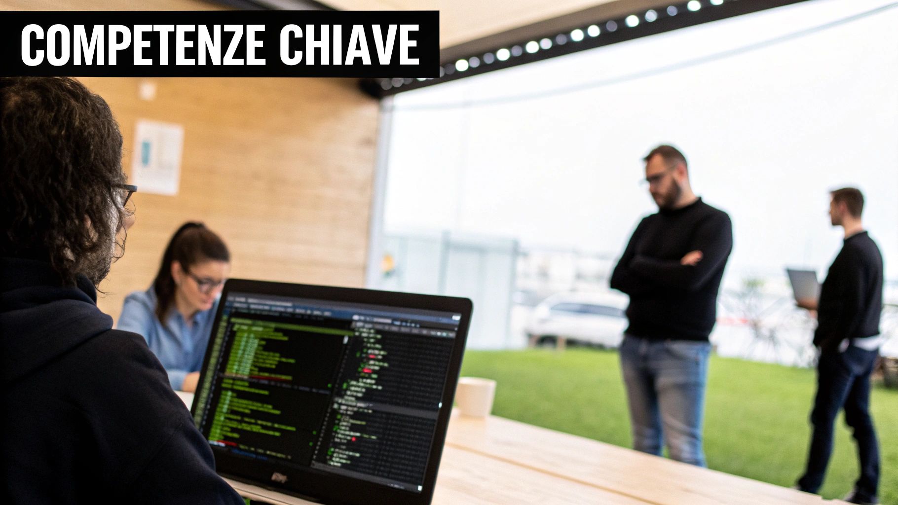 Uomo al laptop con codice verde, in un ufficio moderno con colleghi e la scritta "COMPETENZE CHIAVE".