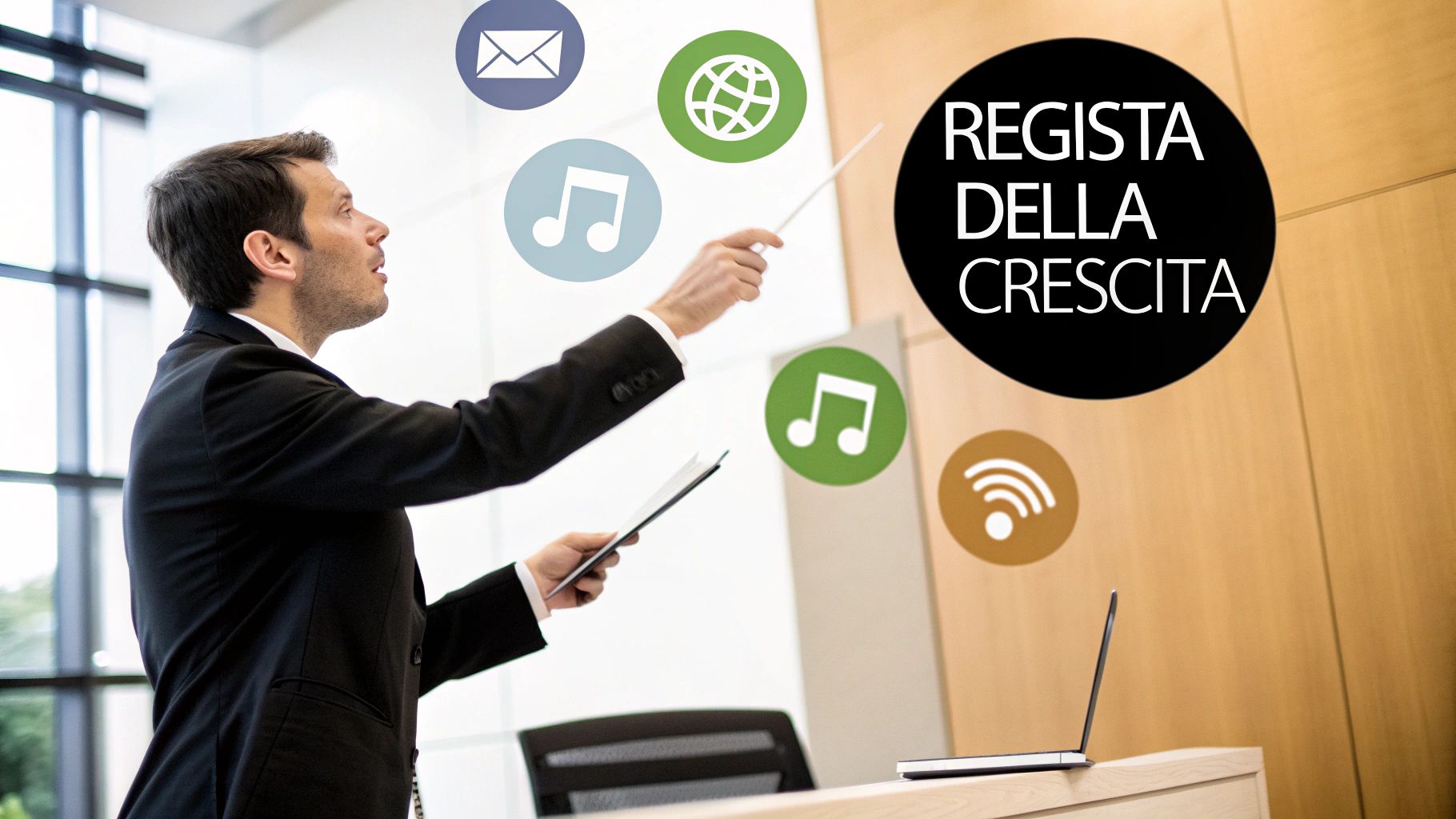 Un uomo d'affari indica icone digitali (email, mondo, musica, Wi-Fi) e il testo 'REGISTA DELLA CRESCITA' durante una presentazione.