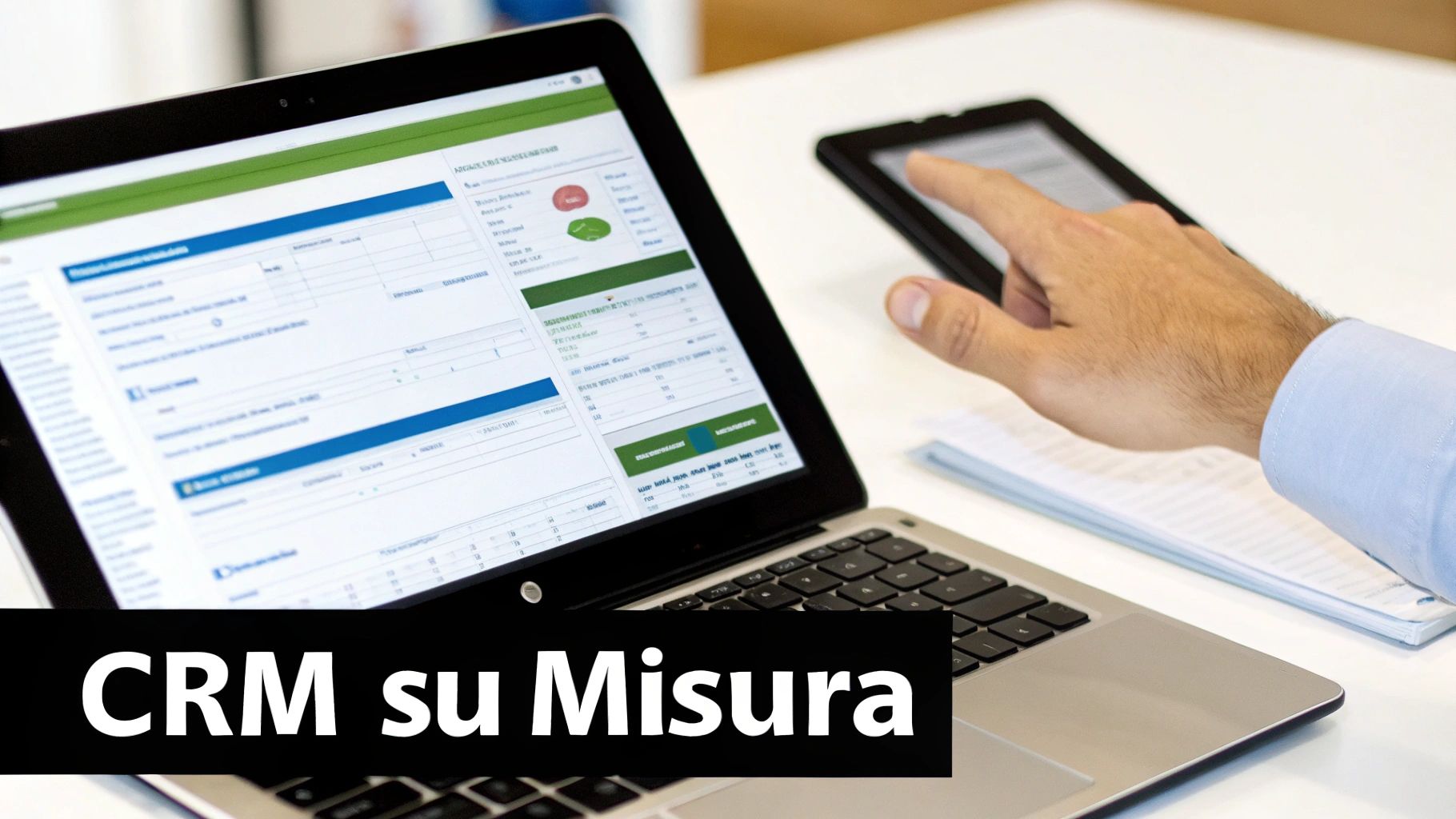 Persona al lavoro con laptop che mostra un CRM personalizzato e un tablet, su scrivania d'ufficio.