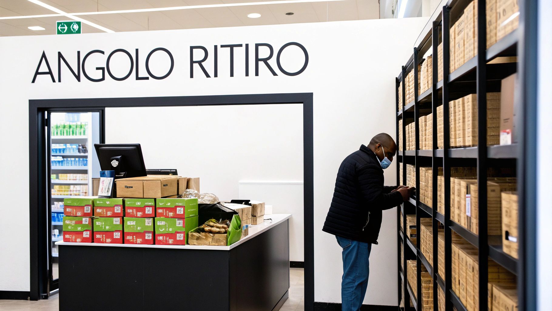 Cliente ritira ordine presso punto vendita Angolo Ritiro con scaffali organizzati per il servizio click and collect