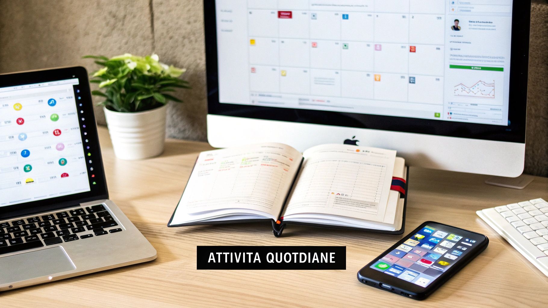 Scrivania ordinata con laptop, monitor, agenda aperta, smartphone e una pianta, che mostra attività quotidiane.