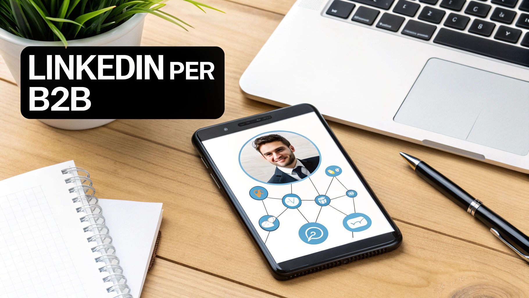 Scrivania con smartphone che mostra un profilo professionale LinkedIn e rete B2B, laptop e blocco note.