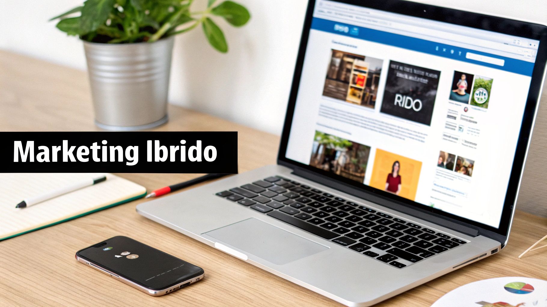 Scrivania in legno con laptop che mostra un sito web, smartphone, quaderno e penne. Il testo 'Marketing Ibrido' è sovrapposto.