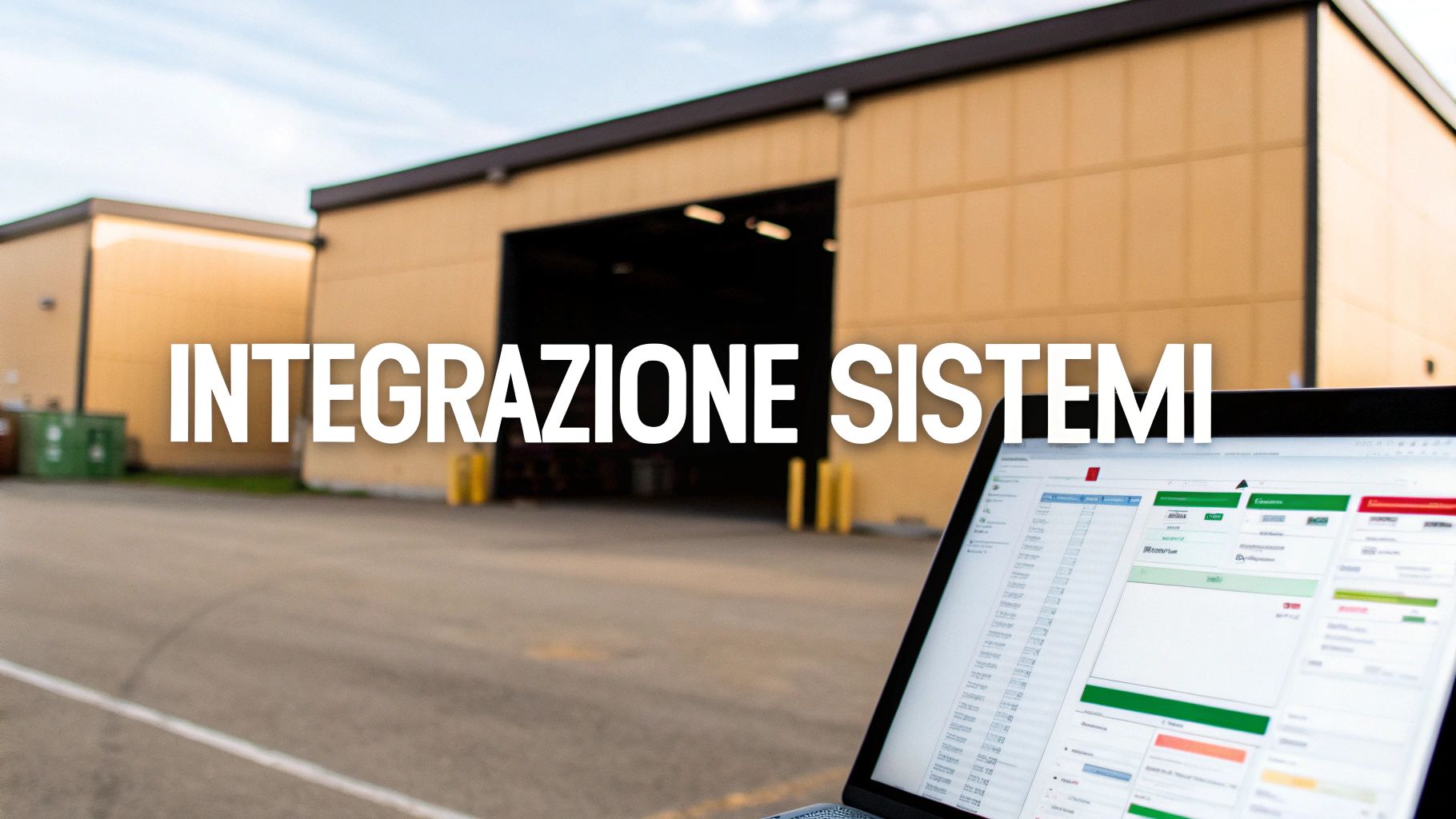 Sistema di integrazione software gestionale su laptop con magazzino industriale sullo sfondo