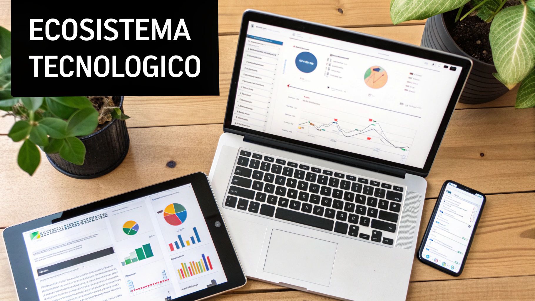 Ecosistema tecnologico con laptop, tablet e smartphone su scrivania in legno, mostrando dati e grafici aziendali.