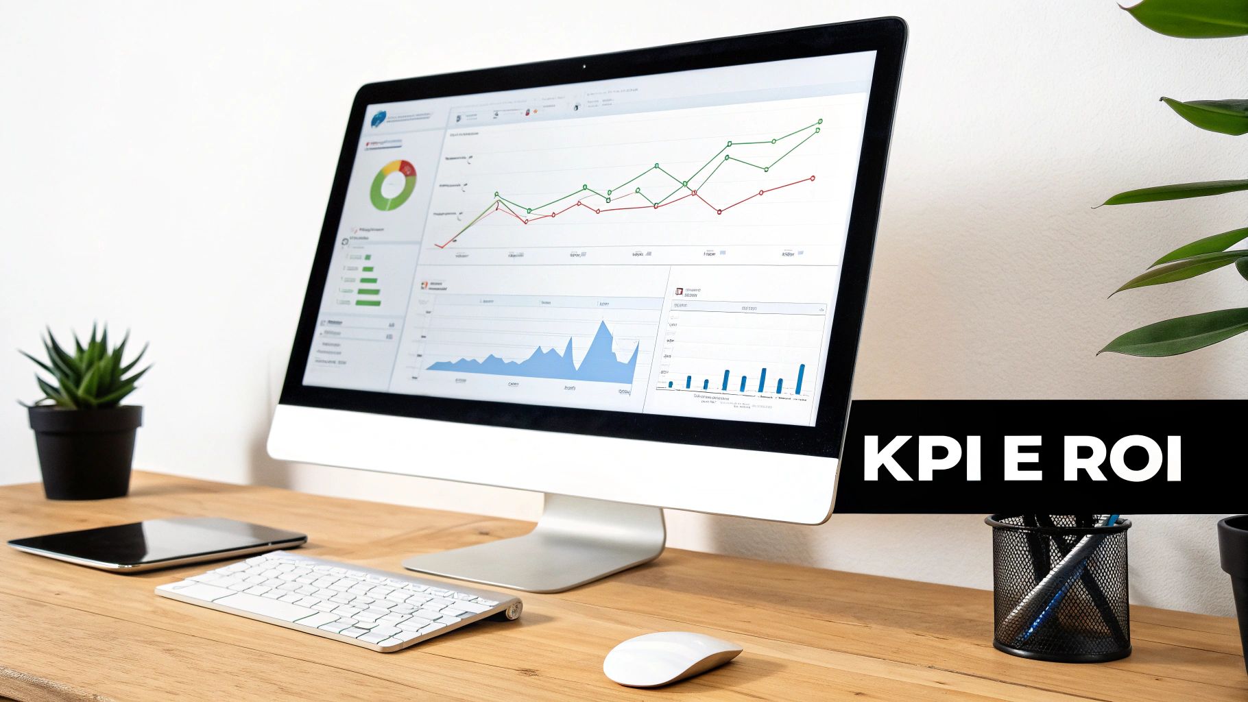 Schermo del computer con grafici e dati su una scrivania in legno, affiancato dal testo 'KPI E ROI'.
