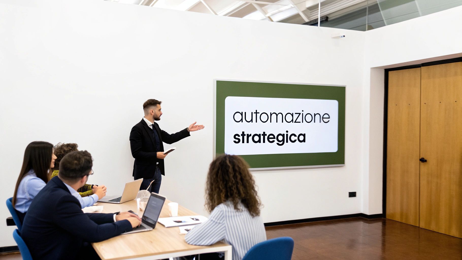 Un uomo presenta il concetto di automazione strategica a un gruppo di persone in una sala riunioni moderna.