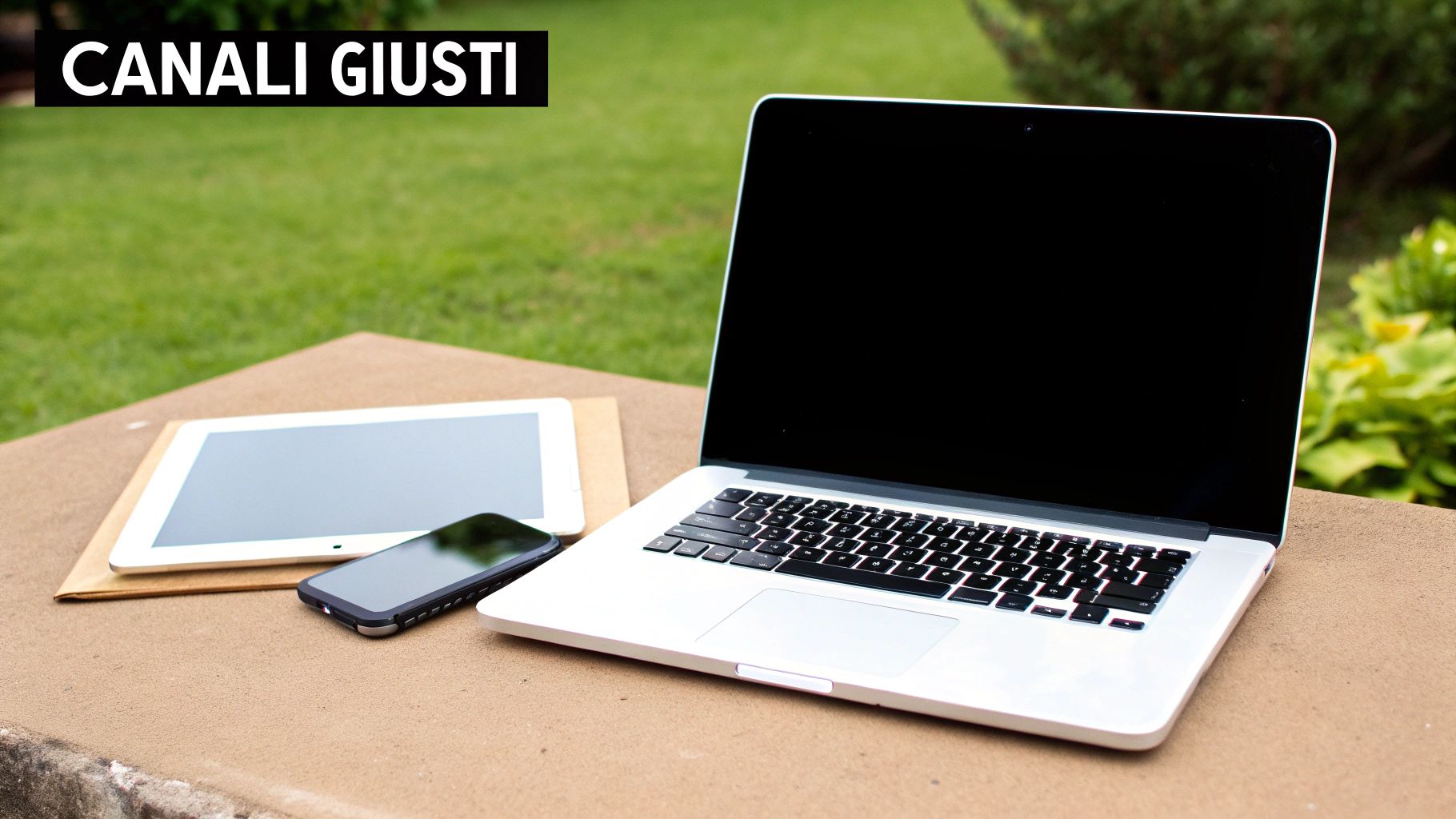 Laptop, tablet e smartphone su un tavolo all'aperto, con lo sfondo verde e la scritta "CANALI GIUSTI".