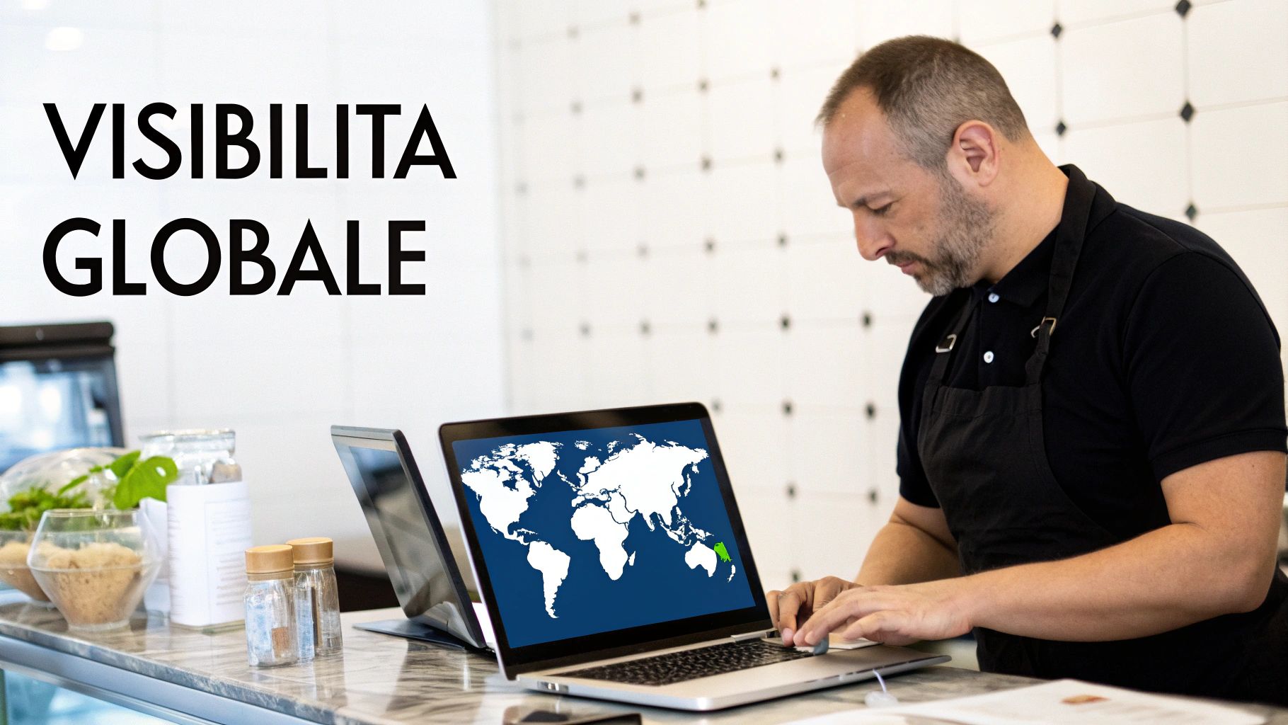 Un uomo in grembiule nero guarda un laptop che mostra una mappa del mondo, con il testo 'VISIBILITA GLOBALE' in primo piano.
