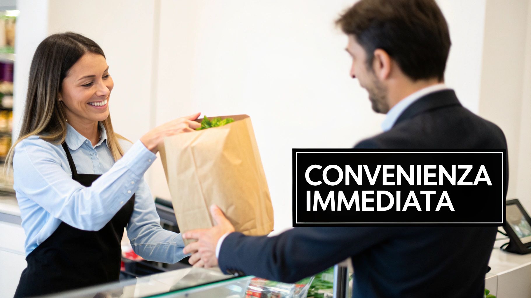 Commessa sorridente consegna borsa con spesa al cliente presso punto vendita con servizio ritiro immediato