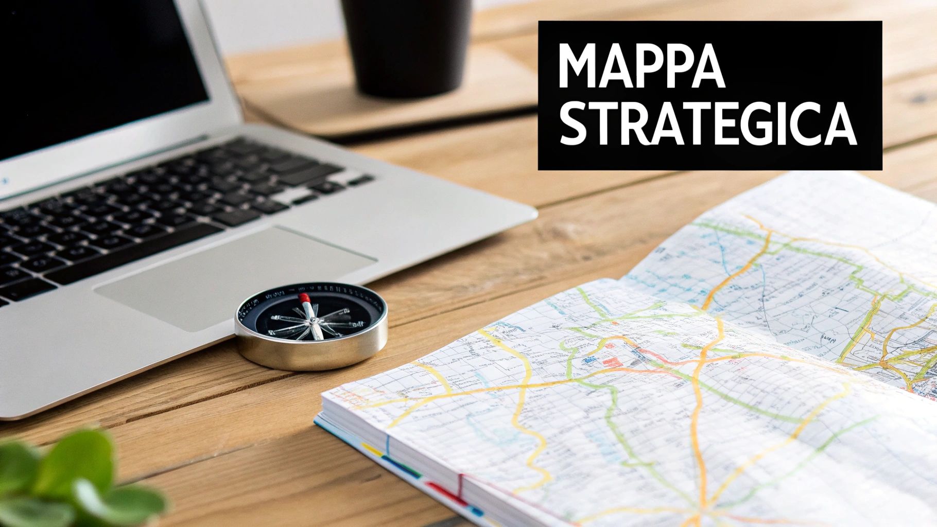 Laptop, bussola e mappa su un tavolo di legno, con la scritta 'MAPPA STRATEGICA', rappresentano la direzione.