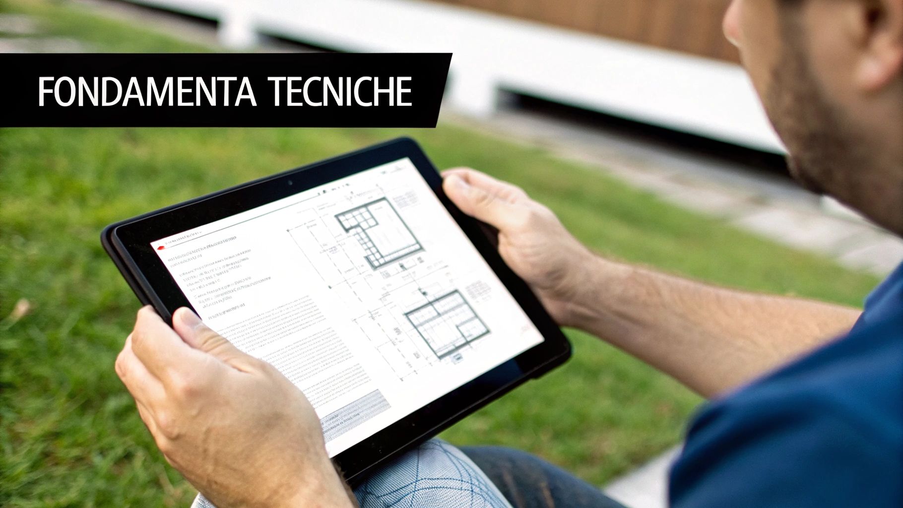Una persona tiene un tablet che mostra disegni tecnici e testo, con un banner 'FONDAMENTA TECNICHE' in alto.