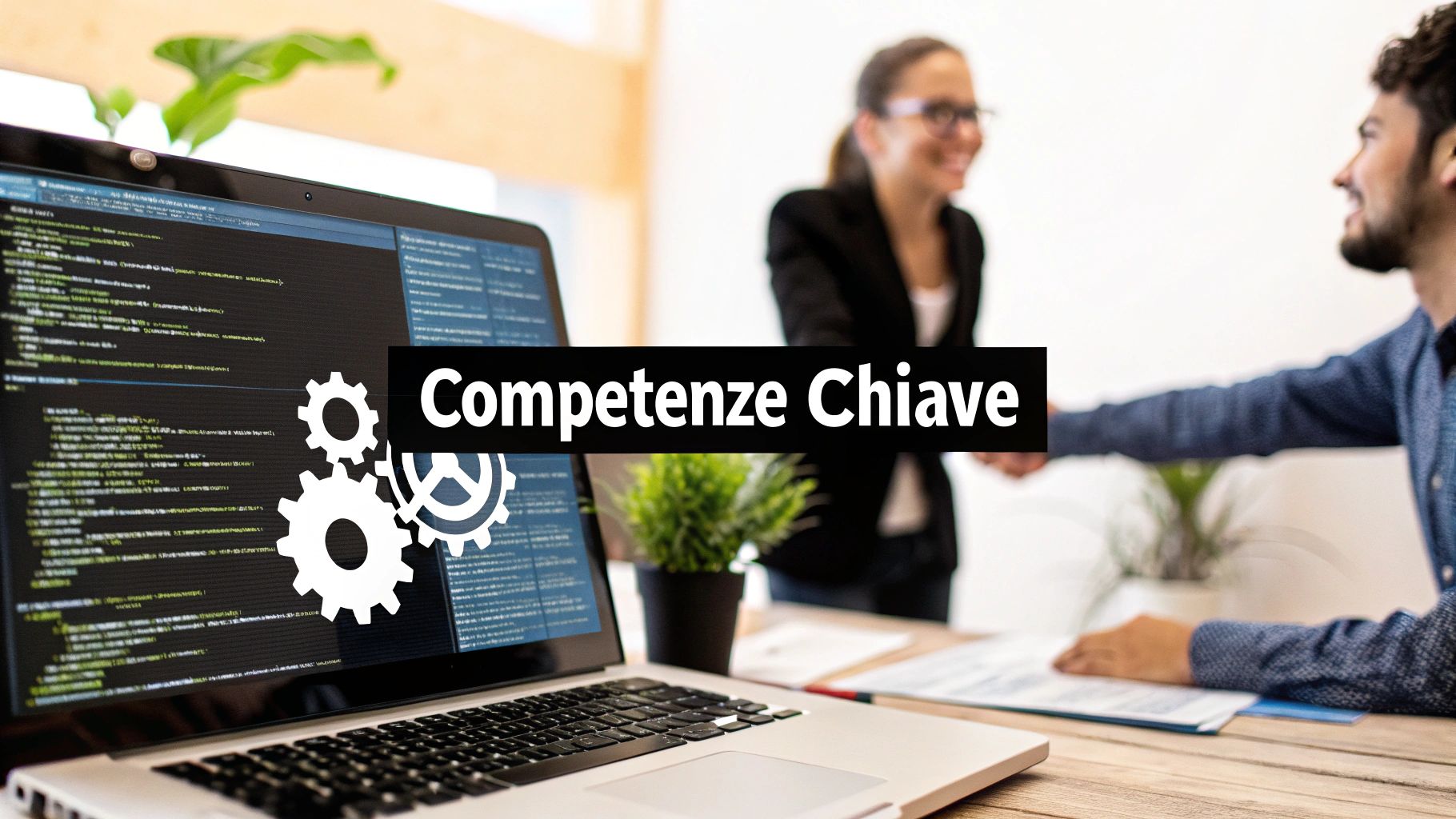 Un laptop mostra codice e icone di ingranaggi, con la scritta 'Competenze Chiave', mentre due colleghi si stringono la mano.