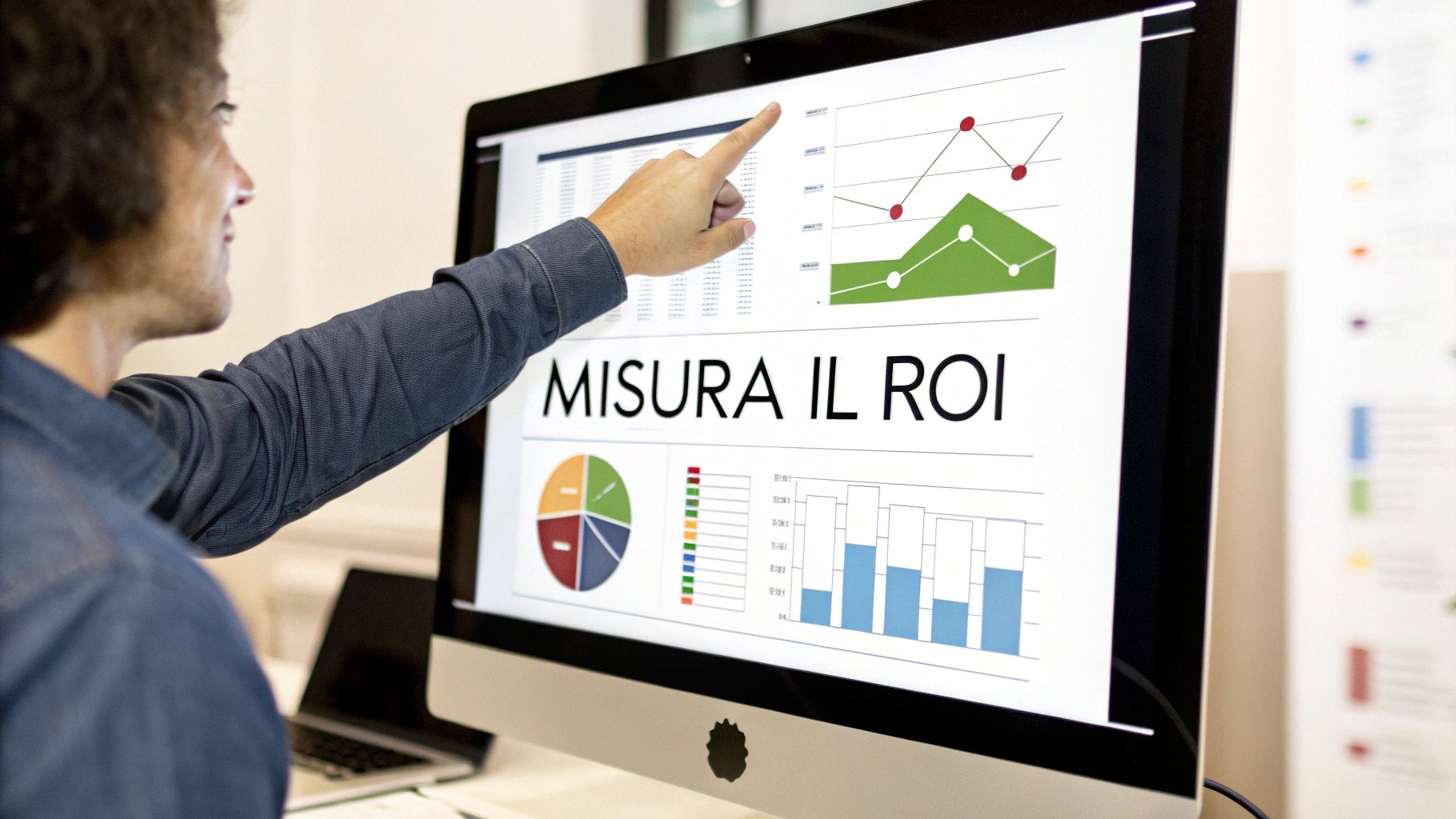 Uomo che analizza grafici sul monitor con la scritta 'MISURA IL ROI', focalizzandosi sull'ottimizzazione del ritorno sull'investimento.