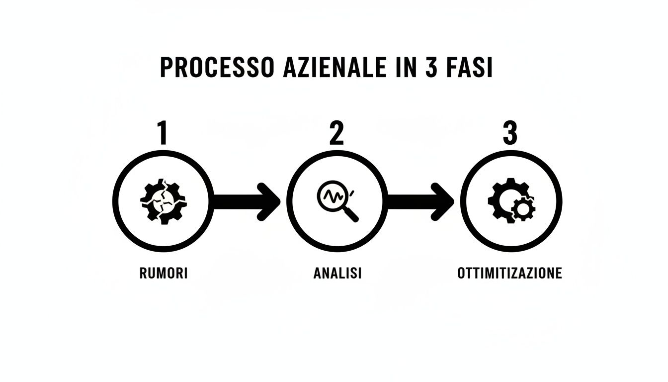 Diagramma a flusso che illustra un processo aziendale in tre fasi: rumori, analisi e ottimizzazione con icone.