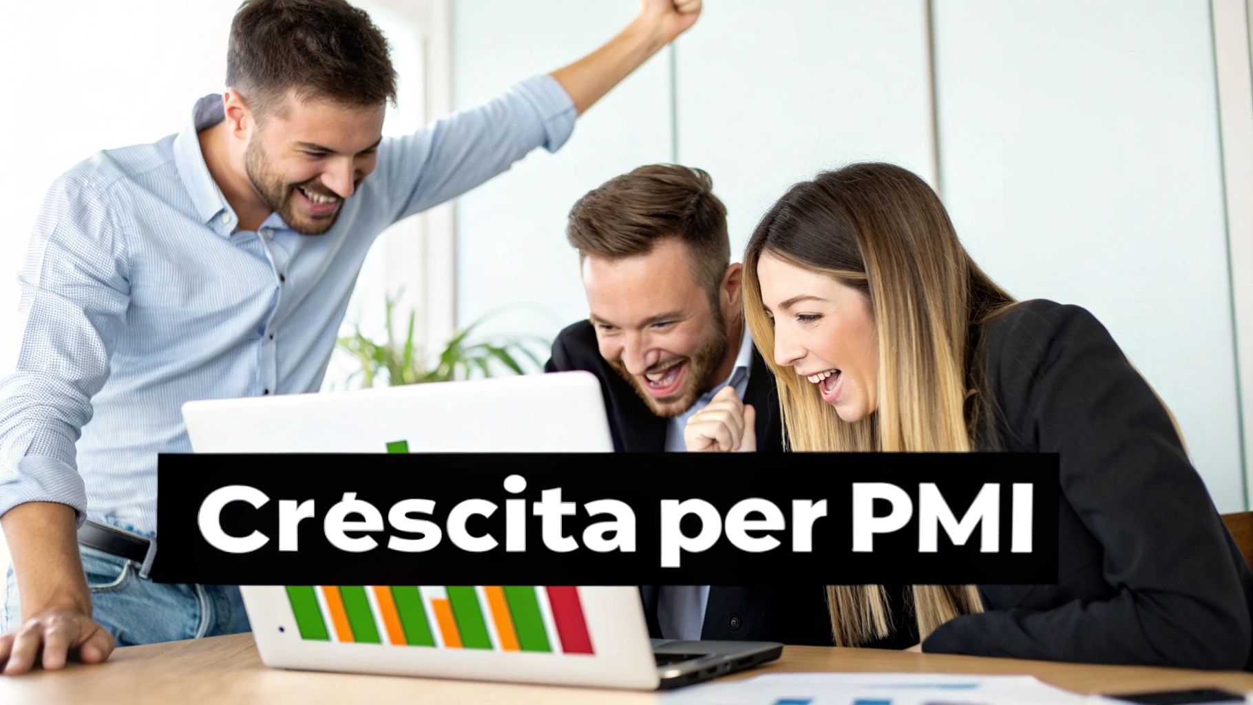 Tre colleghi sorridenti e felici celebrano un successo aziendale davanti a un laptop in ufficio.