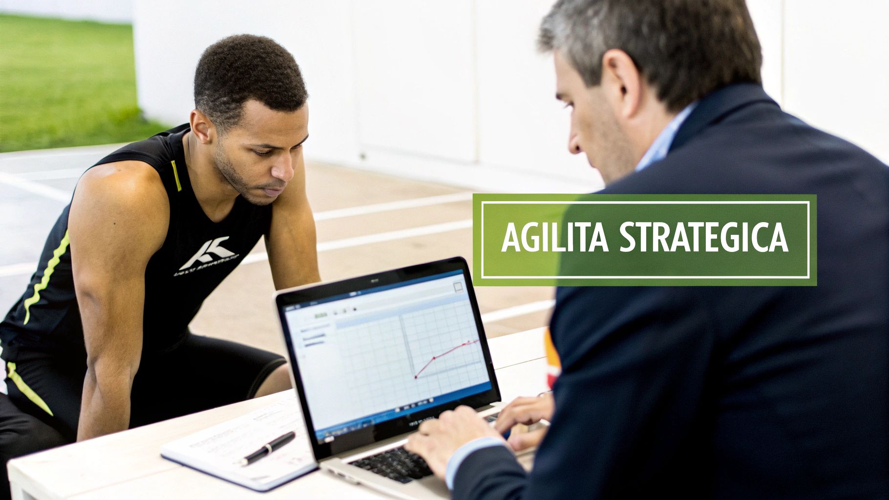 Due uomini, uno in abbigliamento sportivo e uno in giacca, esaminano grafici su un laptop, discutendo di agilità strategica.