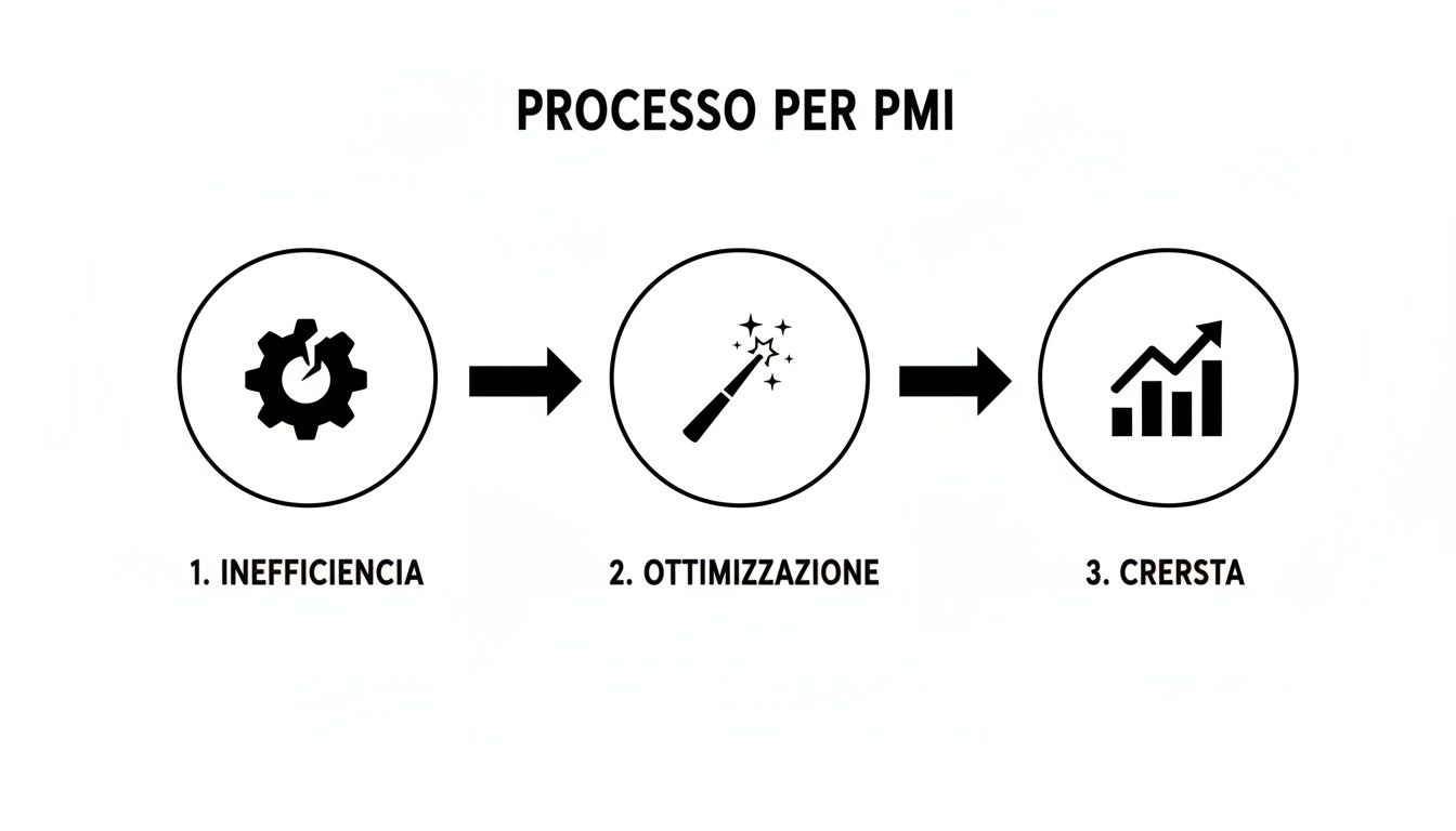 Diagramma del processo per PMI che illustra il percorso da inefficienza, attraverso l'ottimizzazione, verso la crescita aziendale.