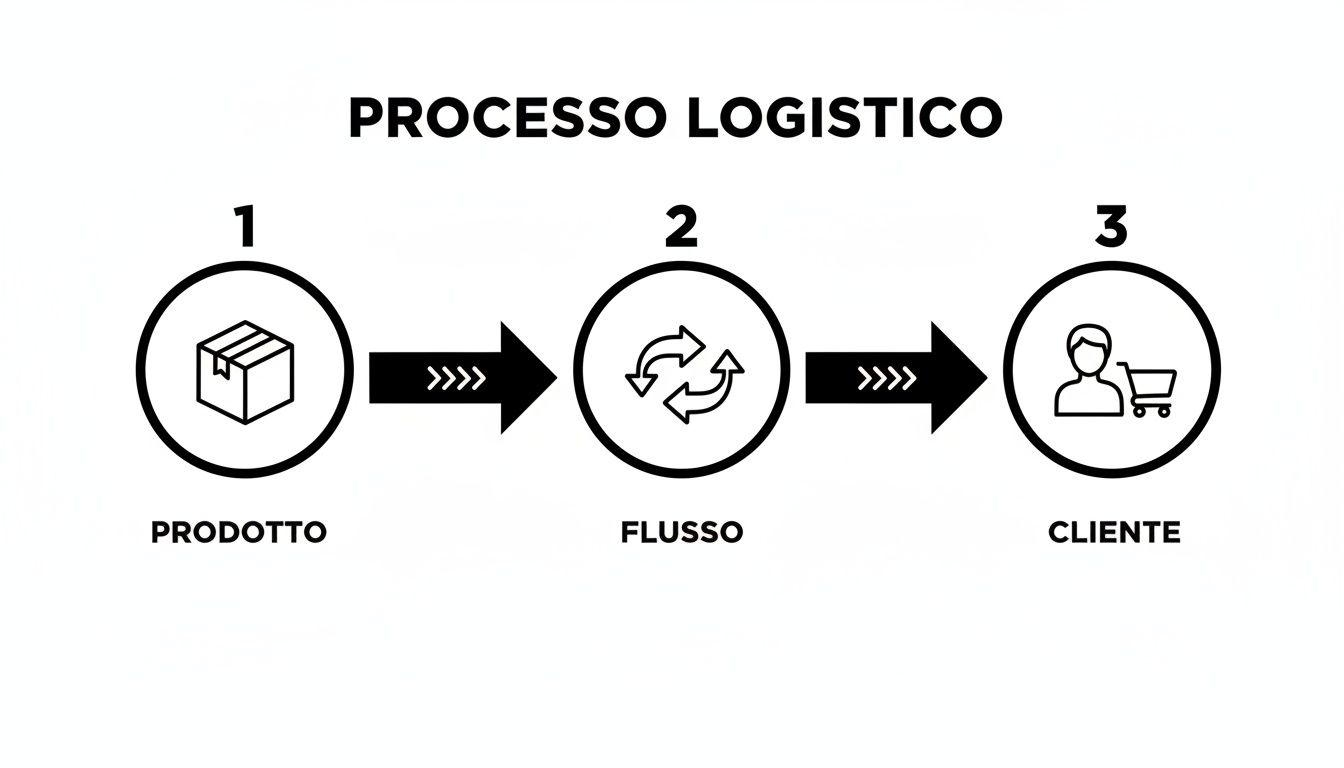 Diagramma semplificato del processo logistico, che mostra tre fasi principali: Prodotto, Flusso e Cliente.