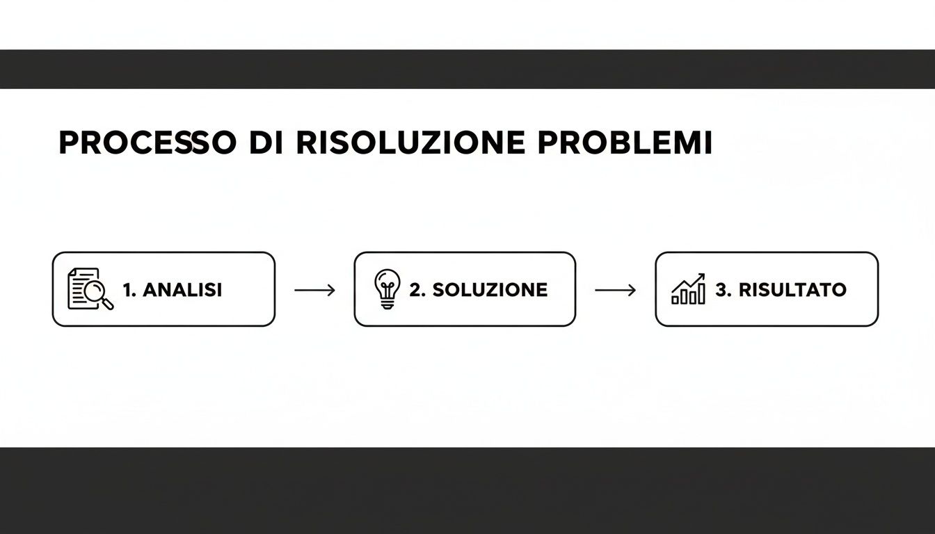 Un diagramma di flusso che illustra il processo di risoluzione dei problemi in tre fasi: analisi, soluzione e risultato.