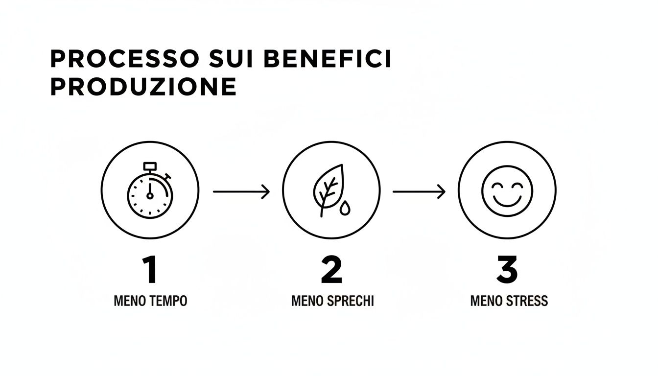 Diagramma di flusso che illustra i benefici di un processo di produzione: meno tempo, meno sprechi e meno stress.