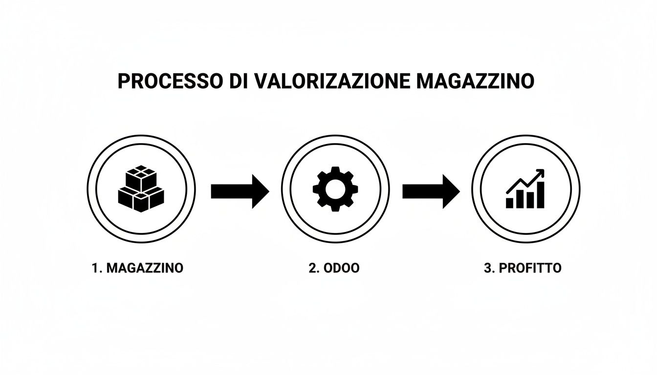 Diagramma che illustra il processo di valorizzazione del magazzino tramite Odoo, portando al profitto.