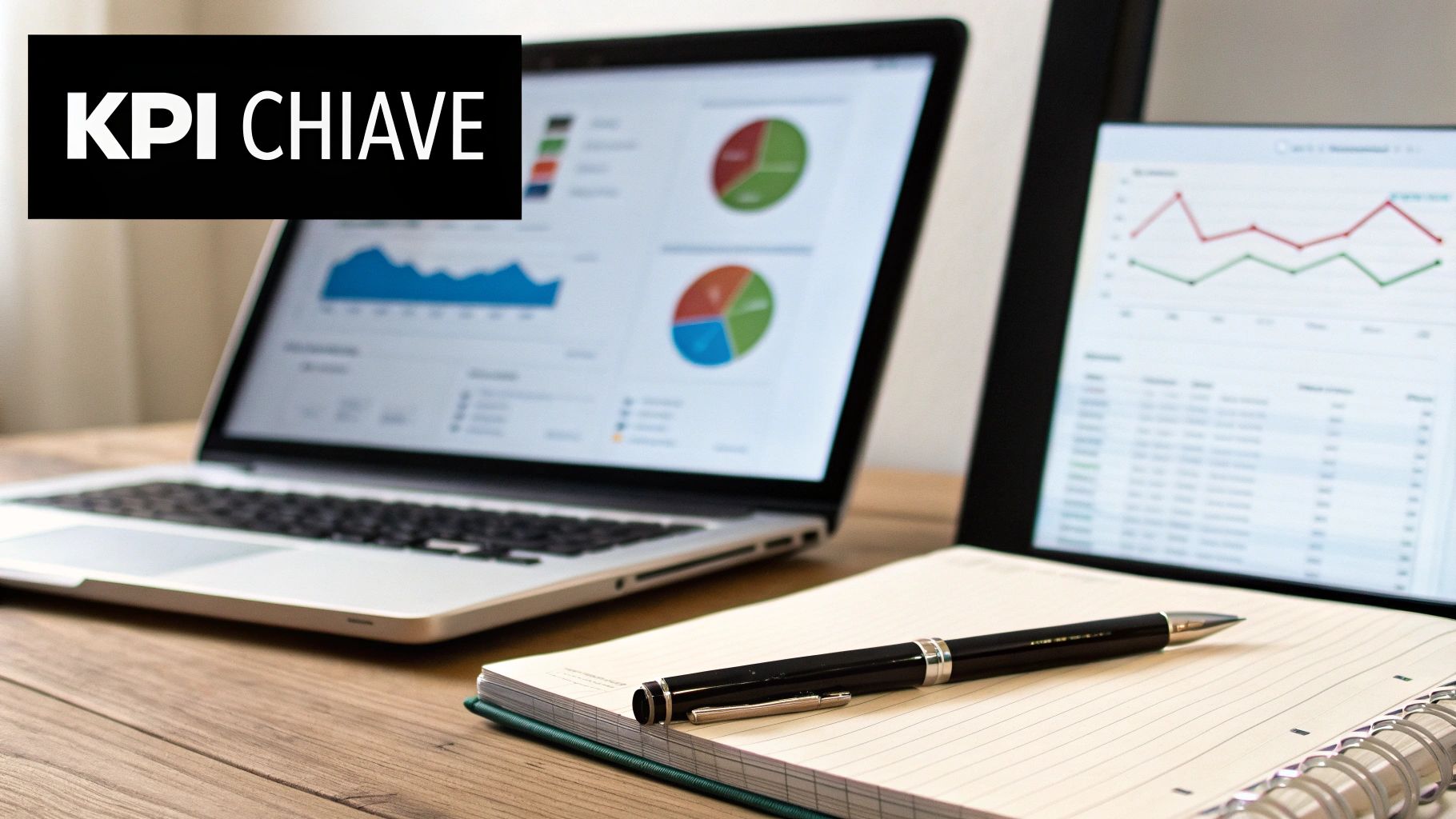 Un laptop e un tablet mostrano grafici e dati di KPI su una scrivania di legno, con un quaderno e una penna.