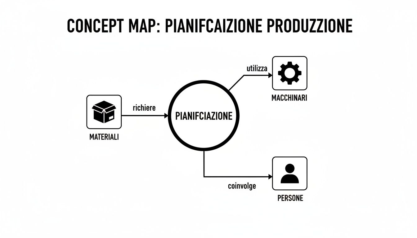 Mappa concettuale sulla pianificazione della produzione che mostra l'interazione tra materiali, macchinari e persone.