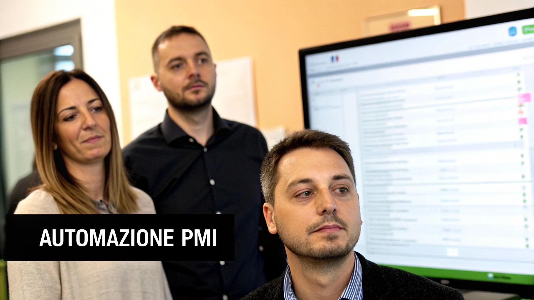 Tre colleghi collaborano in ufficio davanti a un monitor con dati, discutendo di automazione PMI.