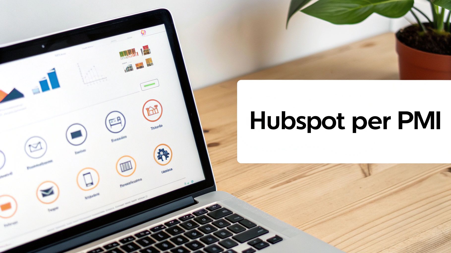 Un laptop aperto su una scrivania in legno mostra un cruscotto di marketing automation. La schermata visualizza grafici, icone e il testo 'Hubspot per PMI' in una casella bianca.